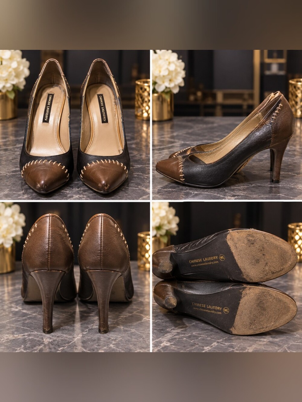Chinese Laundry Brown Black Whipstitch Pointed-Toe Pumps – Size 7.5